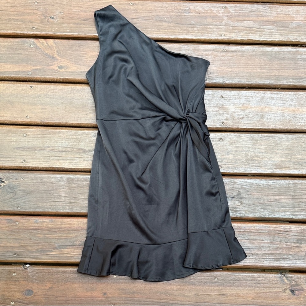 She + Sky Black One-Shoulder Dress with Ruffle Hem